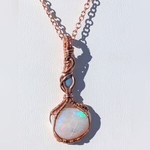 Mystical Opal Amulet Necklace Artisan Copper Wire Wrap With Dainty Chain